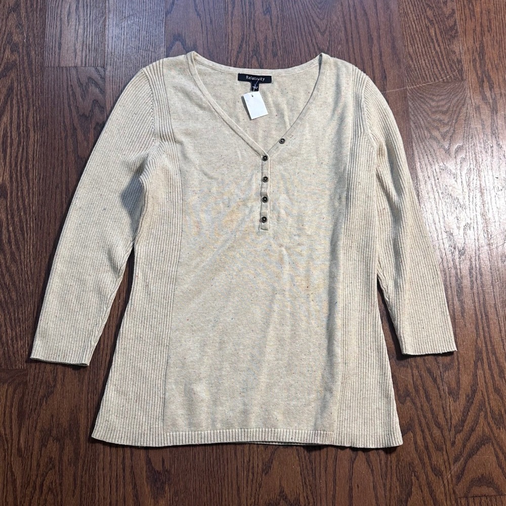 Relativity Womens Beige Confetti V-Neck Henley Ribbed Knit Sweater Large